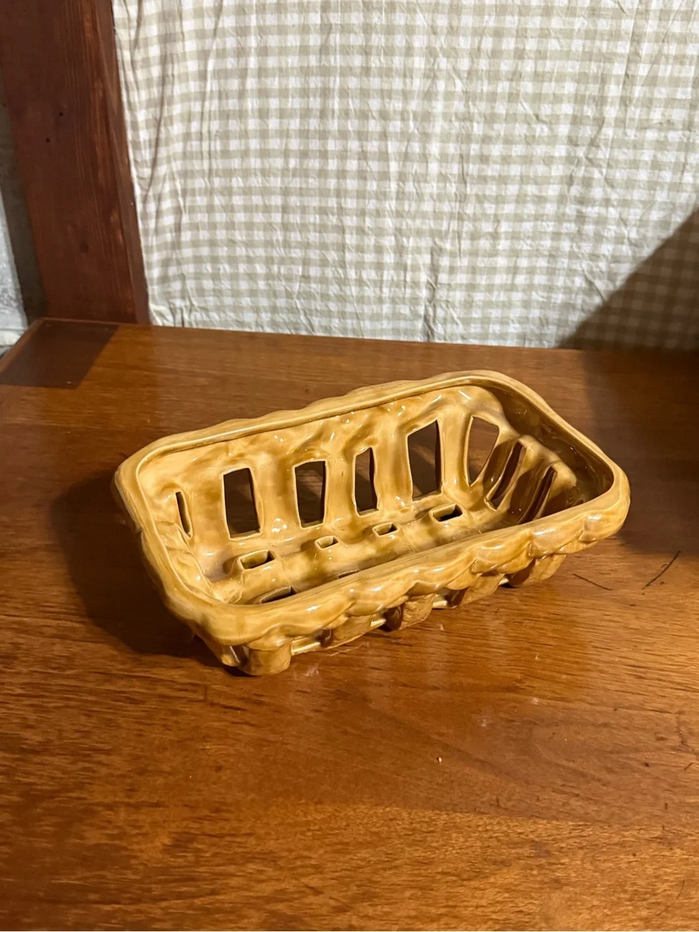 Vintage Ceramic Woven Basket Dish in Honey Brown